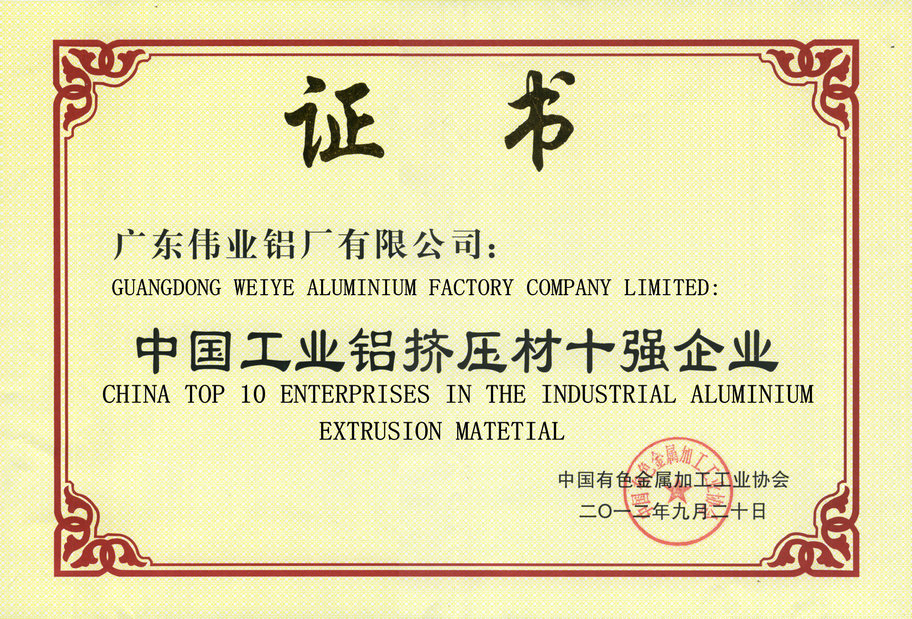 中国工业铝挤压材十强